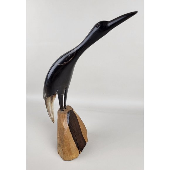 Crane Bird Hand Carved Horn Sculpture on Wood Base MCM Artist Marked - Picture 7 of 12